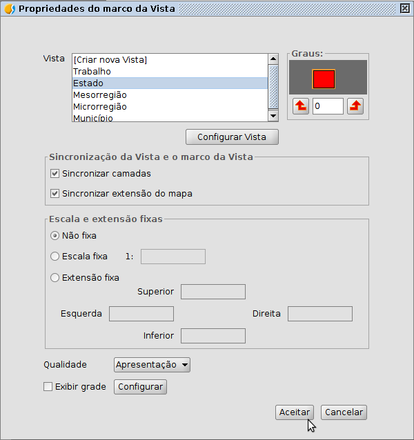 Janela Propriedades do marco da Vista